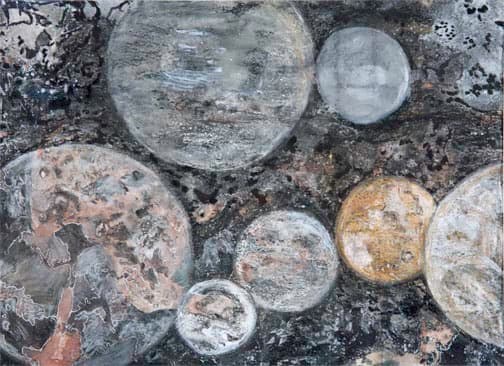 WHICH ARE MOONS?, @2010Vickie Martin, acrylic, ink and charcoal on paper, 12x8.5